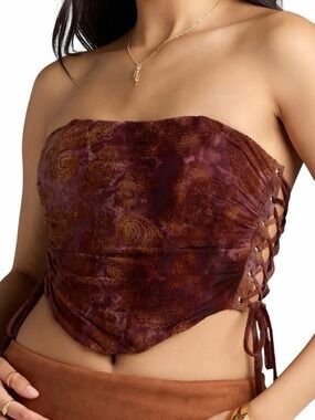 Windsor Romantic Nights Lace-Up Brown Burn Out Paisley Corset Top Medium NWT
